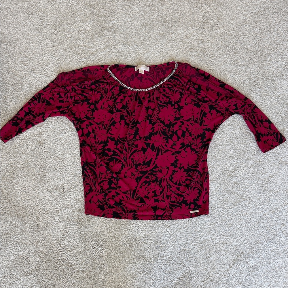 Michael Kors Red and Black Floral Shell Cold Shoulder Top